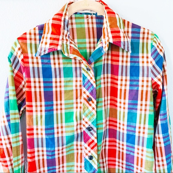 Vintage 1980’s Bright Plaid Button Up Shirt Sz Sm - Picture 2 of 5